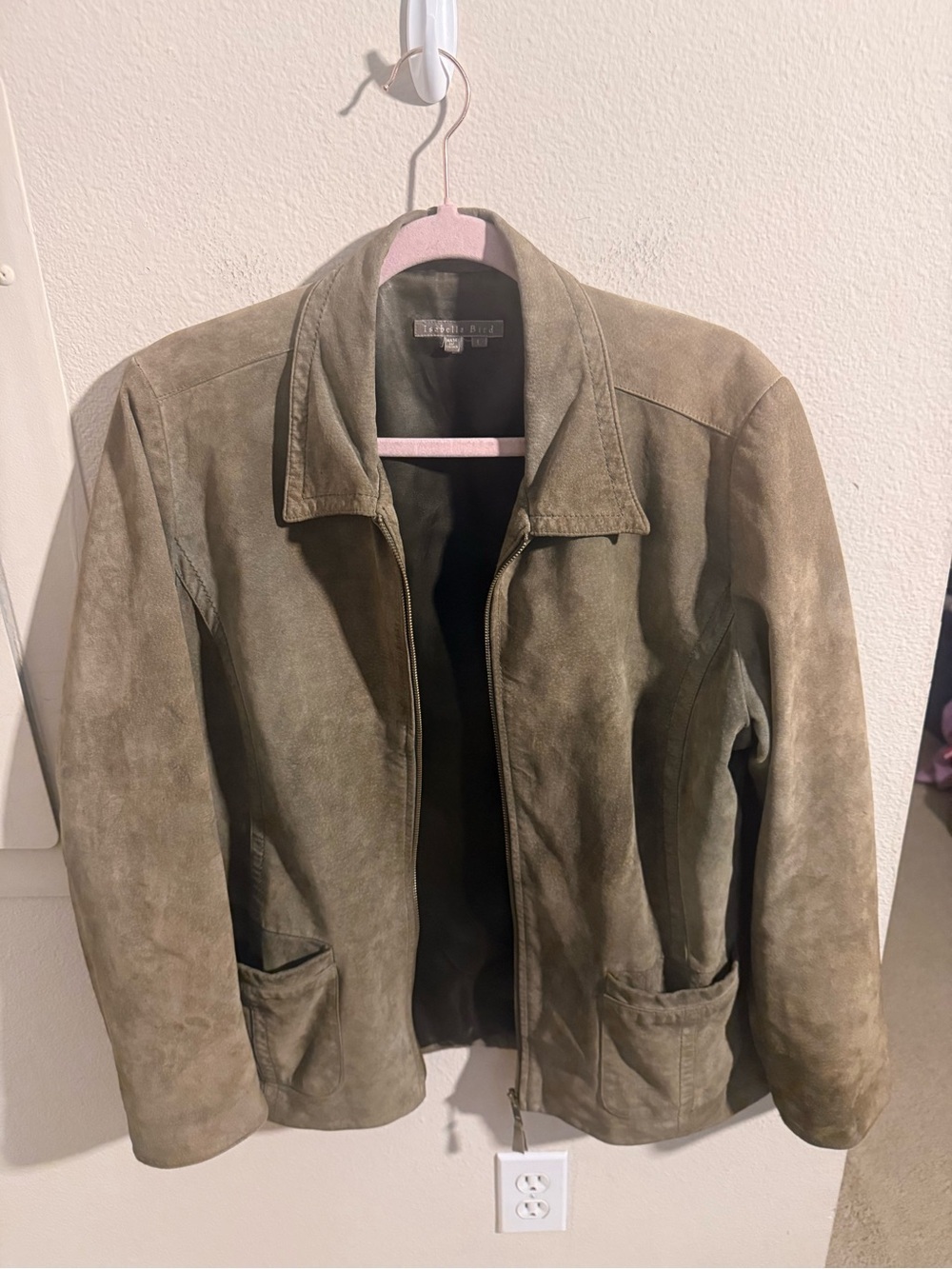 Isabella Bird Genuine Suede Leather Jacket Large Olive Brown Distressed Vintage